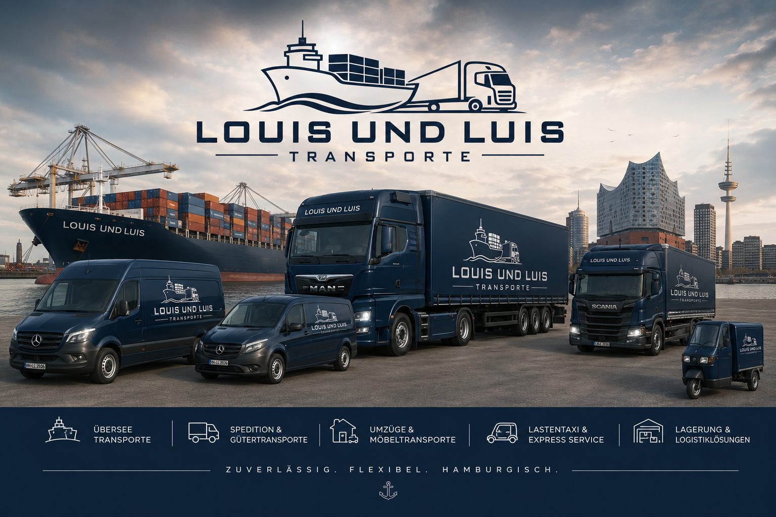 Louis und Luis Transporte – Flotte aus Sprinter, Transporter, LKW und Lastentaxi vor dem Hamburger Hafen mit Elbphilharmonie